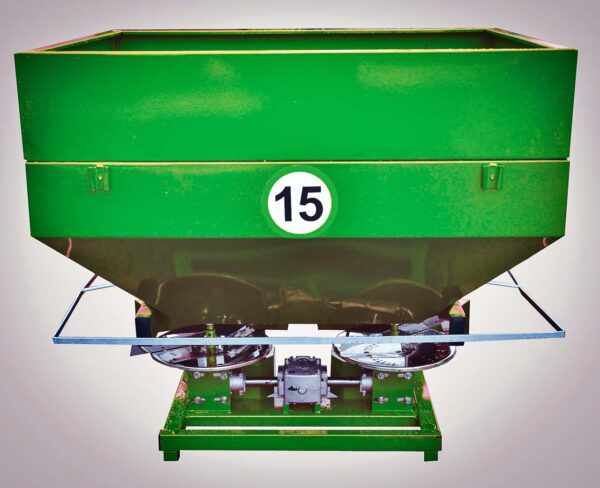 Two disc fertilizer spreader, mounted, metal tank
