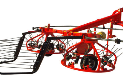 Twin rotor tedder rake with gear